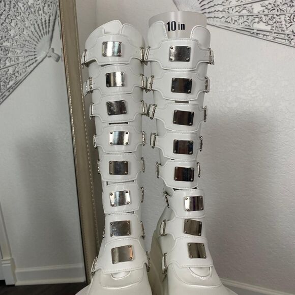 Women's Chunky Silver White Platform Knee High Buckle Boots Size US 10.5 - Picture 2 of 10